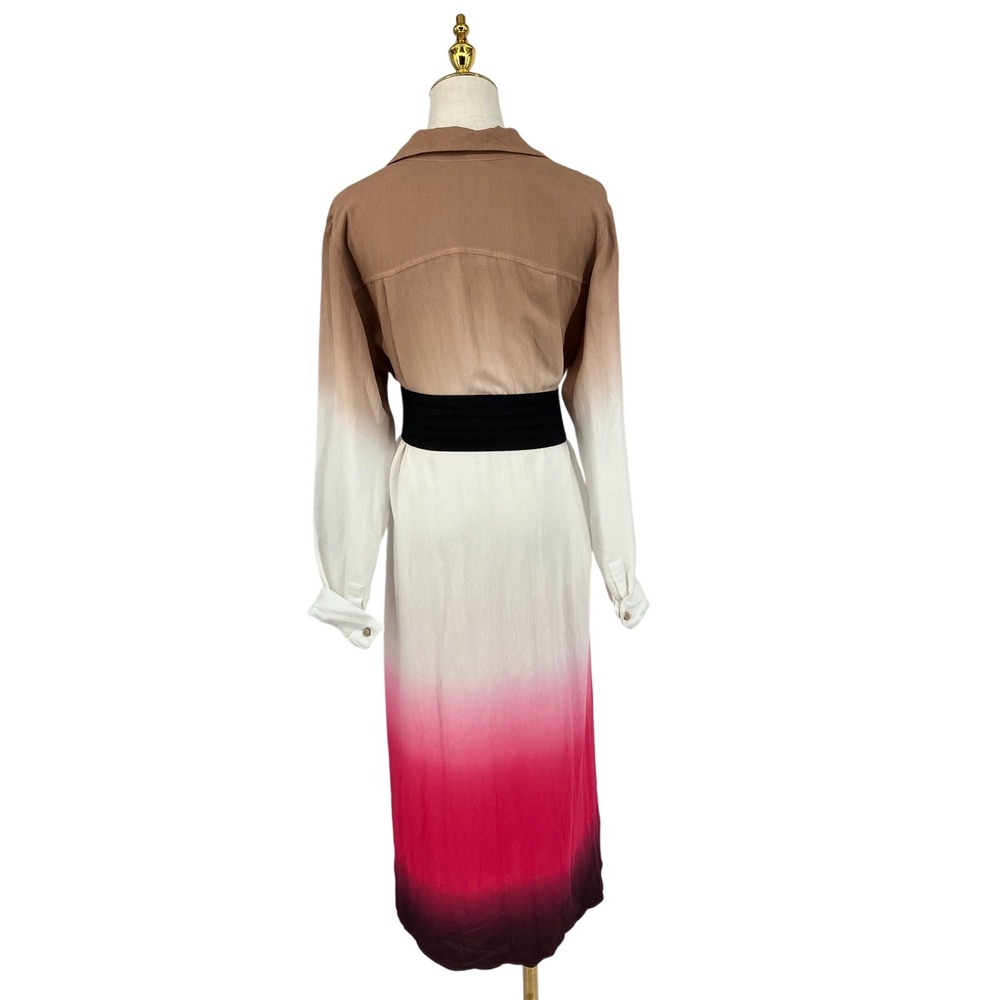 Ombre Shirt Dress Tan Pink Button Front Maxi Gradient Minimalist Chic Art Deco S - Picture 6 of 9